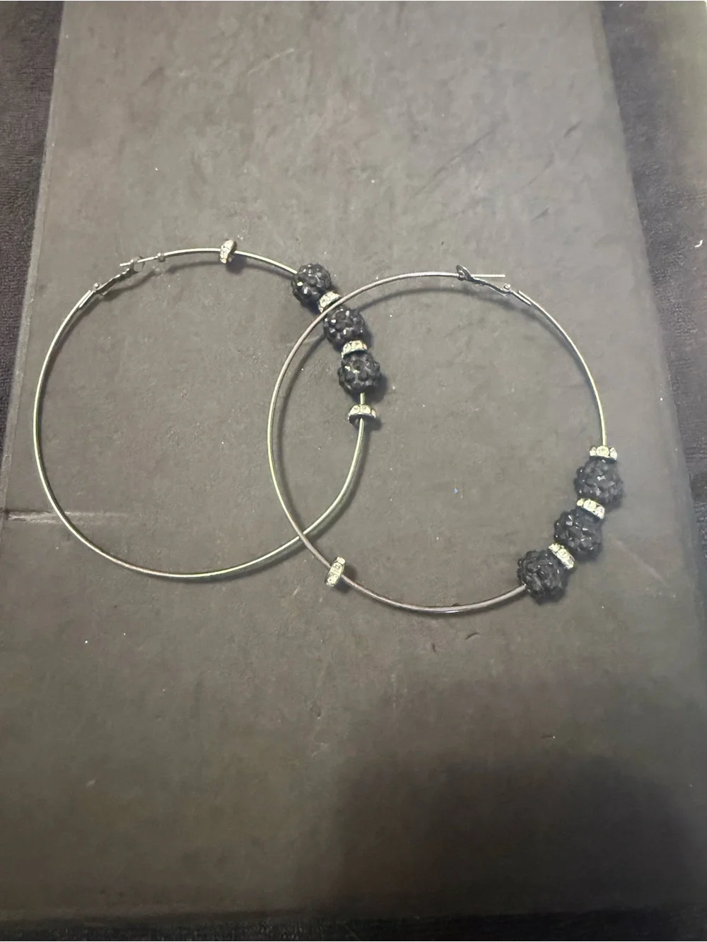 Gunmetal  Hoop Earrings with Black Crystal Beads